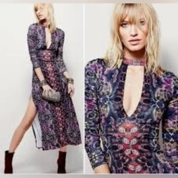 *NWT* Free People Dress Womens Medium Cabaret Maxi Long Sleeve Sunrise Combo - Picture 2 of 5